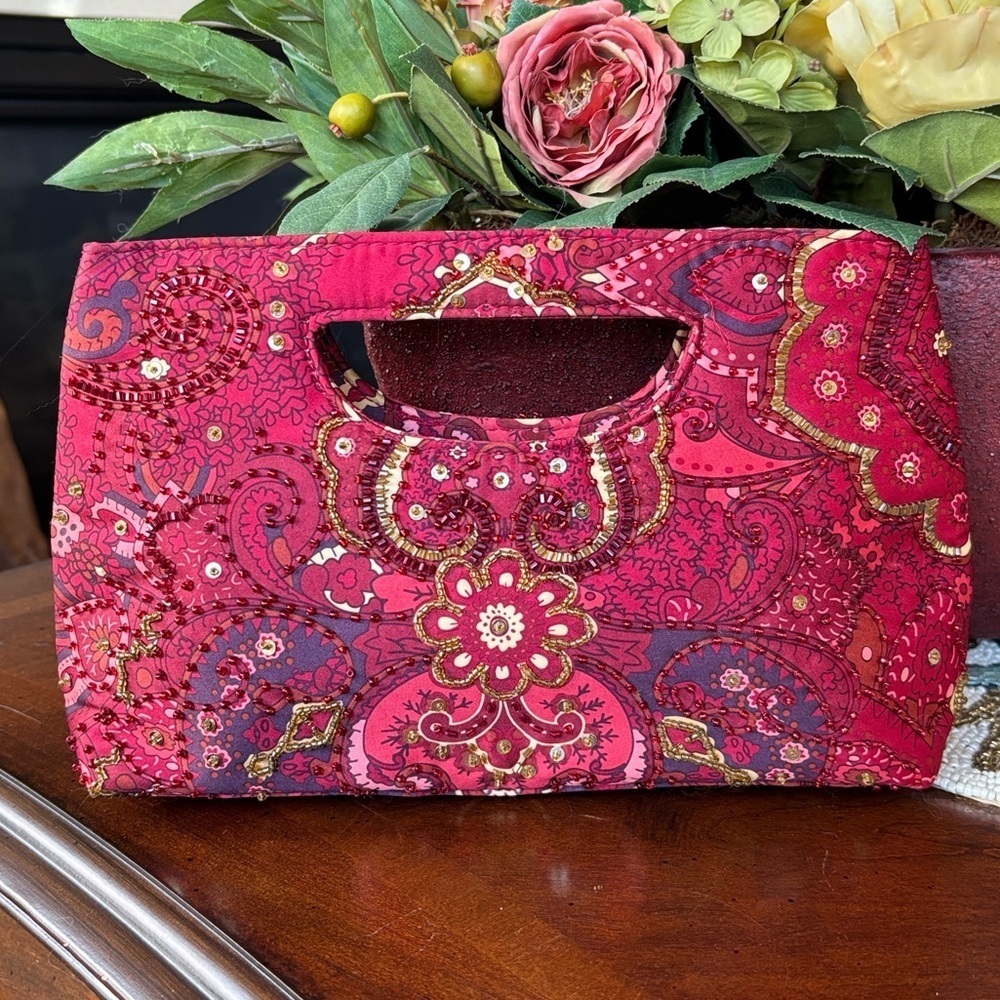 The Limited Red Paisley Clutch Handbag Magnetic Snap Close Beaded Embellished